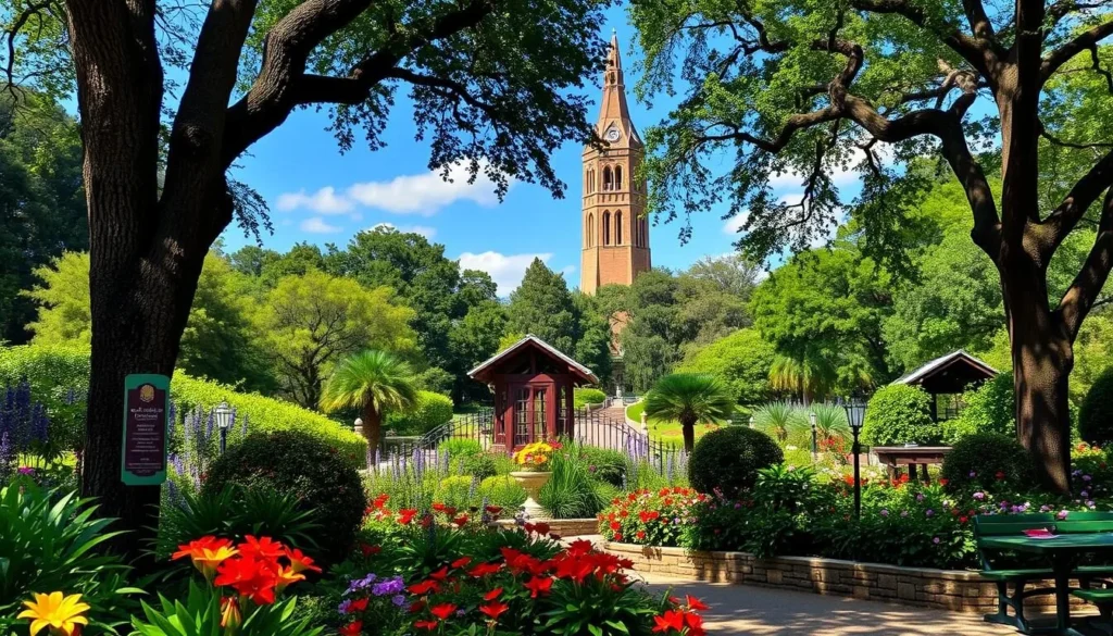 Generate an image of Bok Tower Gardens with the tower in the background and a serene garden scene in the foreground.