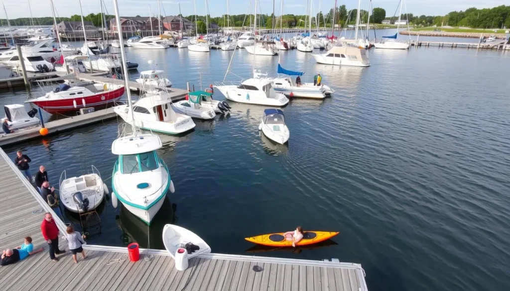 Generate an image of Borden Light Marina with boats and waterfront activities.