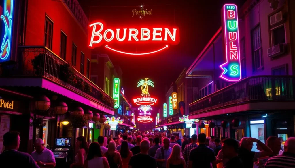 Generate an image of Bourbon Street at night, with neon lights and people enjoying the lively atmosphere.