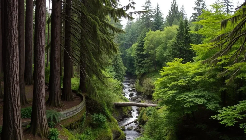 Generate an image of Bowen Park's historic estate grounds, featuring old-growth forests and a natural ravine.