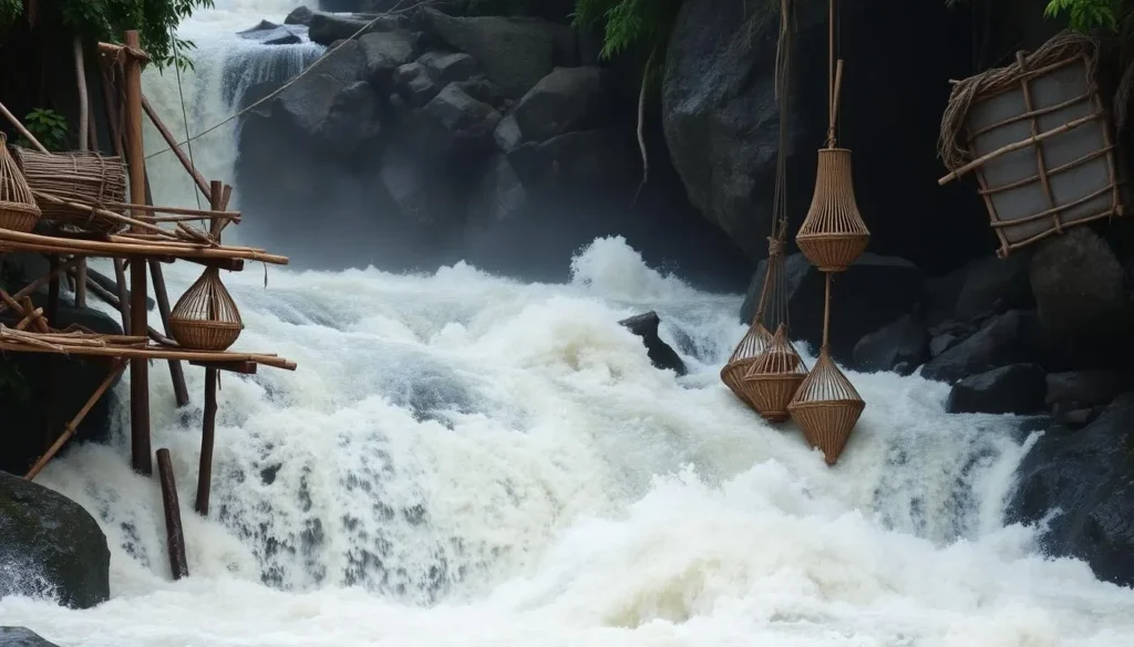 Generate an image of Boyoma Falls, showcasing the Wagenia fishermen's traditional wooden scaffolding and conical basket traps amidst the powerful rapids.