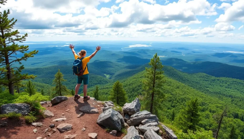 Generate an image of Bradbury Mountain State Park with a hiker on the Summit Trail.