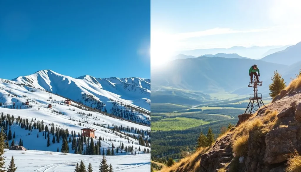 Generate an image of Brian Head Resort with snow-capped mountains and ski lifts in the winter, transitioning to a summer scene with mountain bikers and hiking trails.