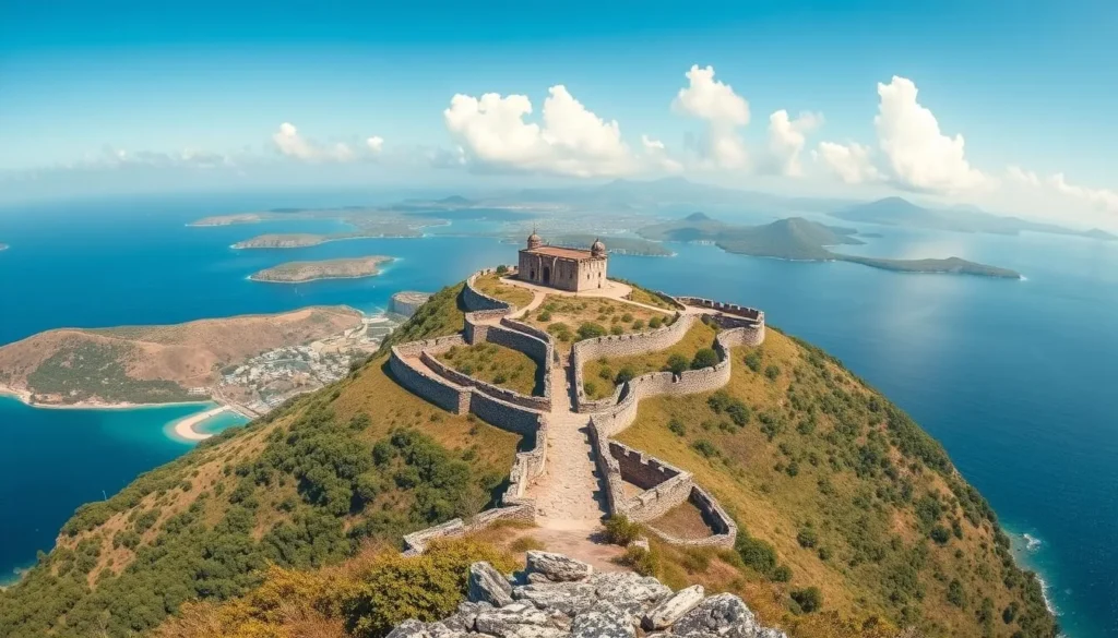 Generate an image of Brimstone Hill Fortress with a panoramic view of the surrounding islands.