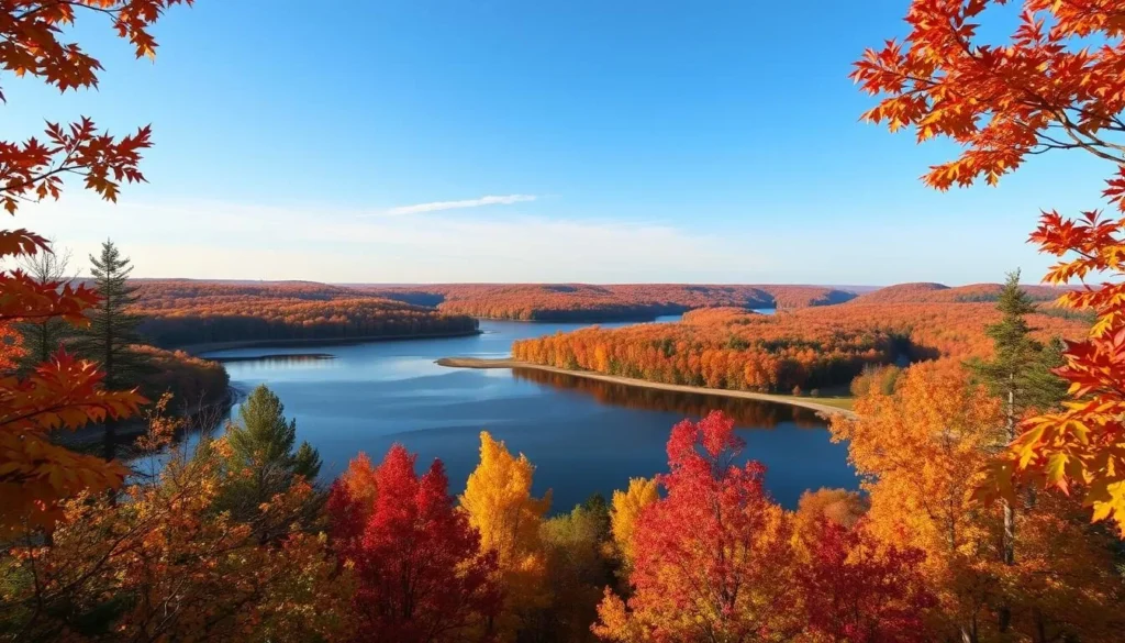 Generate an image of Brown County State Park's scenic lake, surrounded by fall foliage.