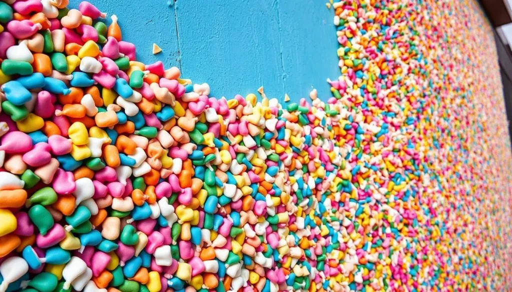 Generate an image of Bubblegum Alley in San Luis Obispo, filled with colorful gum wads. Generate an image of Bubblegum Alley in San Luis Obispo, filled with colorful gum wads.