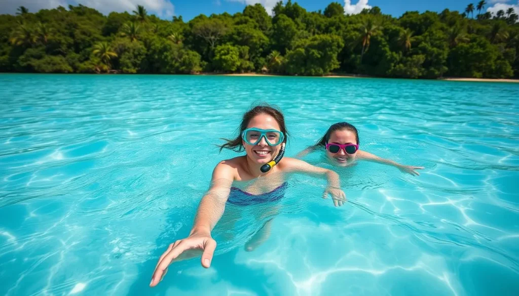Generate an image of Buck Island's pristine beach with crystal-clear waters and snorkelers exploring the underwater trail.