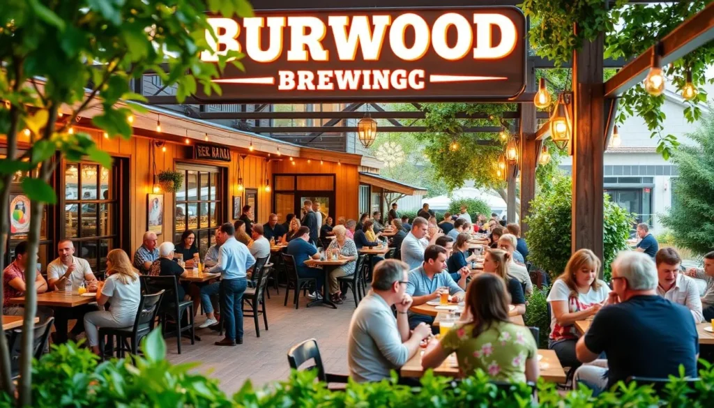 Generate an image of Burwood Brewing Company's beer garden, highlighting their outdoor seating and lively atmosphere.