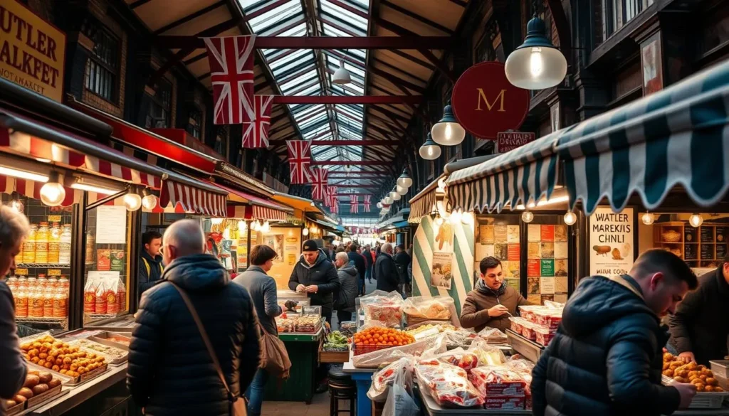 Generate an image of Bustler Market Nottingham, showcasing its vibrant atmosphere and diverse street food vendors.