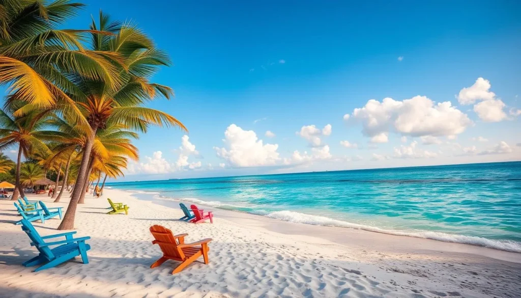 Generate an image of Cabbage Beach with palm trees, beach chairs, and clear waters.