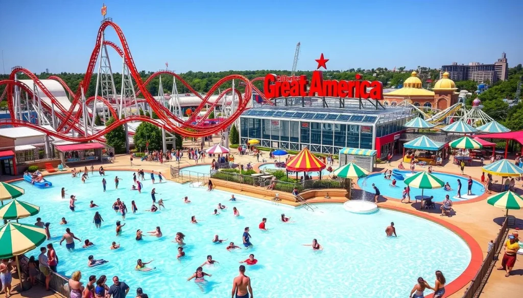 Generate an image of California's Great America amusement park with roller coasters and a water park.