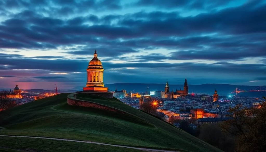 Generate an image of Calton Hill with Edinburgh's skyline