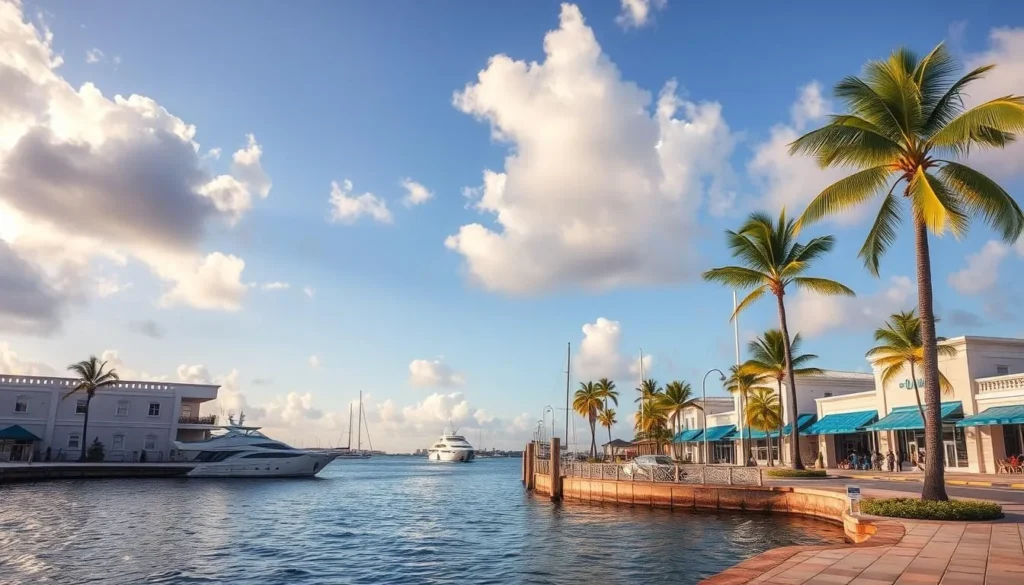 Generate an image of Camana Bay's picturesque waterfront with palm trees and upscale shops.