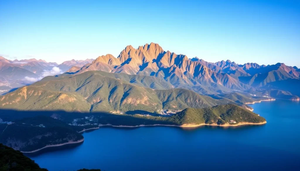 Generate an image of Cangshan Mountain with its 19 majestic peaks and Erhai Lake in the background.