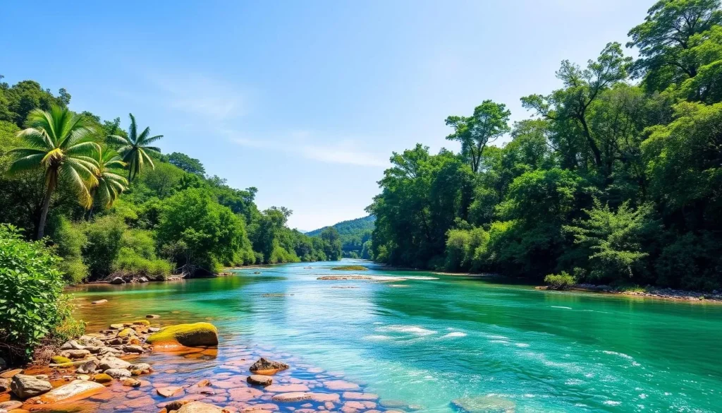 Generate an image of Cantingas River with its crystal-clear waters and lush green surroundings.