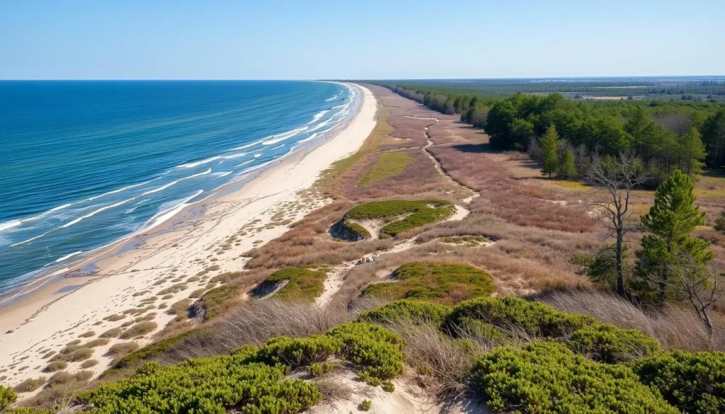 Generate an image of Cape Henlopen State Park with its beautiful coastline and diverse ecosystems.
