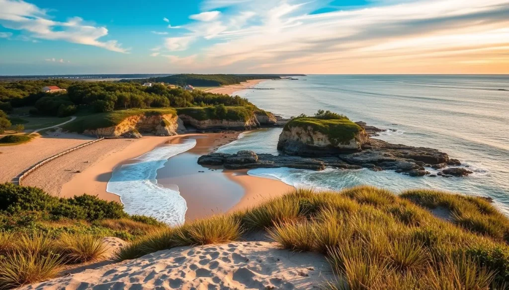 Generate an image of Cape Henlopen State Park's beautiful beaches and surrounding landscape.