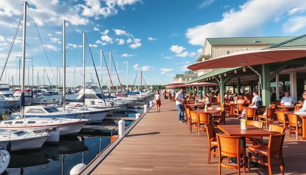 Generate an image of Captain's Cove Seaport in Bridgeport, CT, showcasing its marina and waterfront dining options.