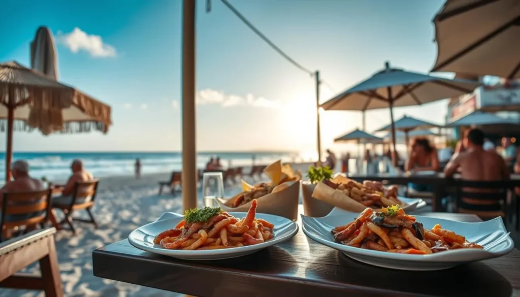 Generate an image of Carbón de Palo's beachside seating area, with a focus on their seafood dishes.
