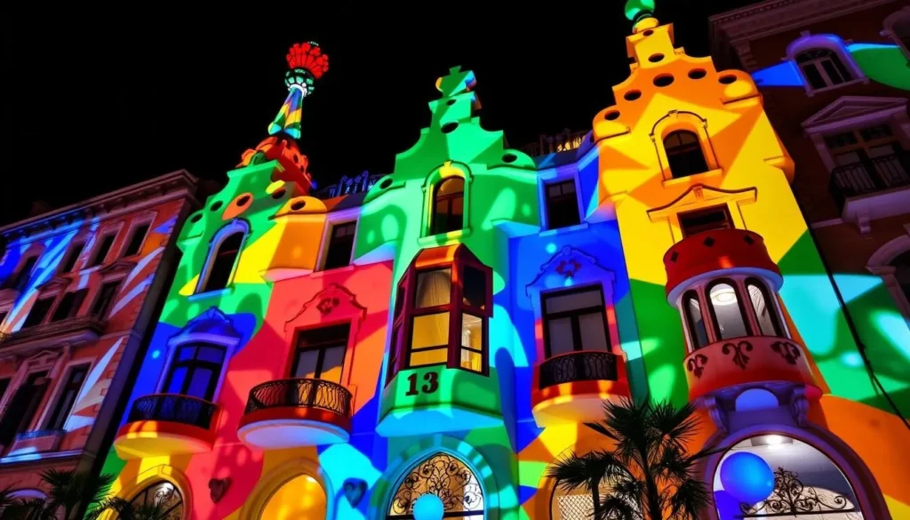 Generate an image of Casa Batlló's colorful facade at night with projection mapping