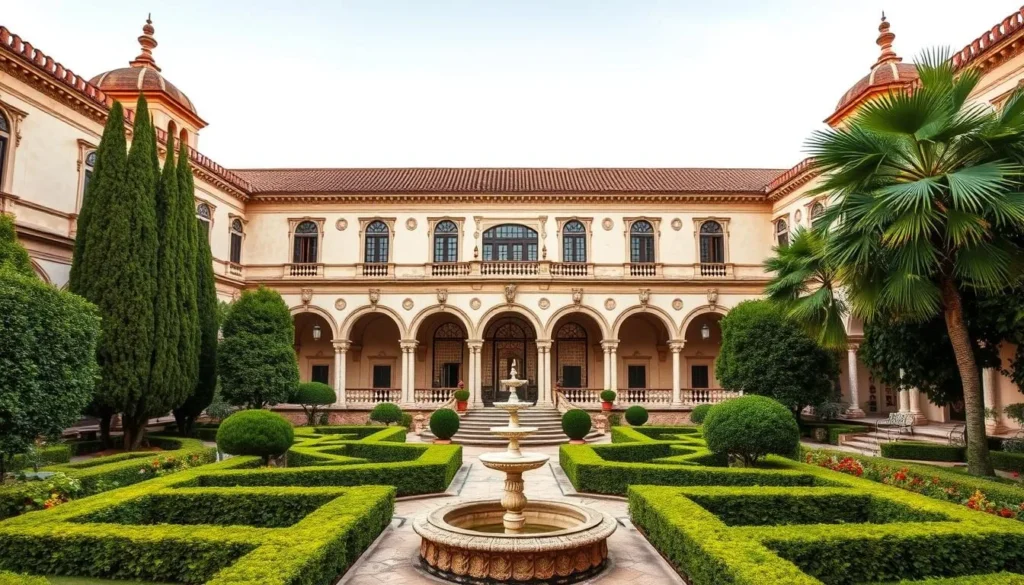 Generate an image of Casa de Pilatos in Seville, showcasing its stunning architecture and beautiful gardens.
