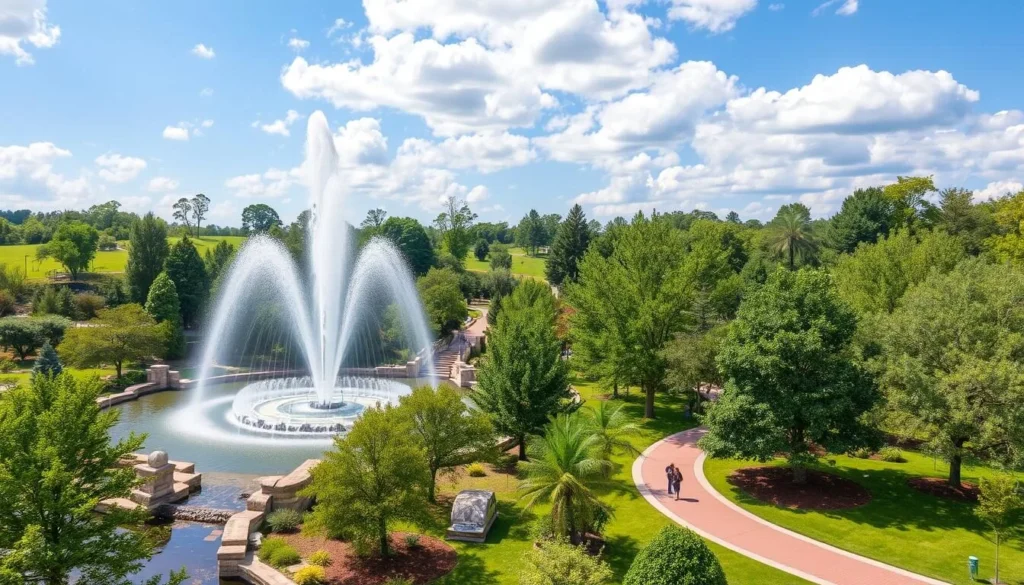 Generate an image of Cascades Park, showcasing its interactive fountain and scenic trails.