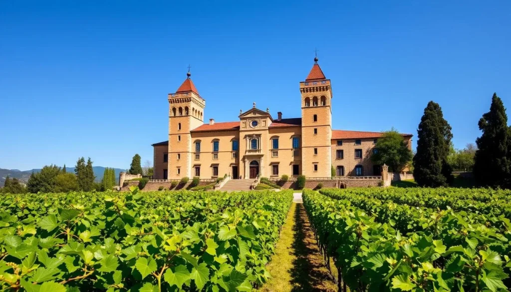Generate an image of Castello di Amorosa's majestic castle facade surrounded by vineyards.