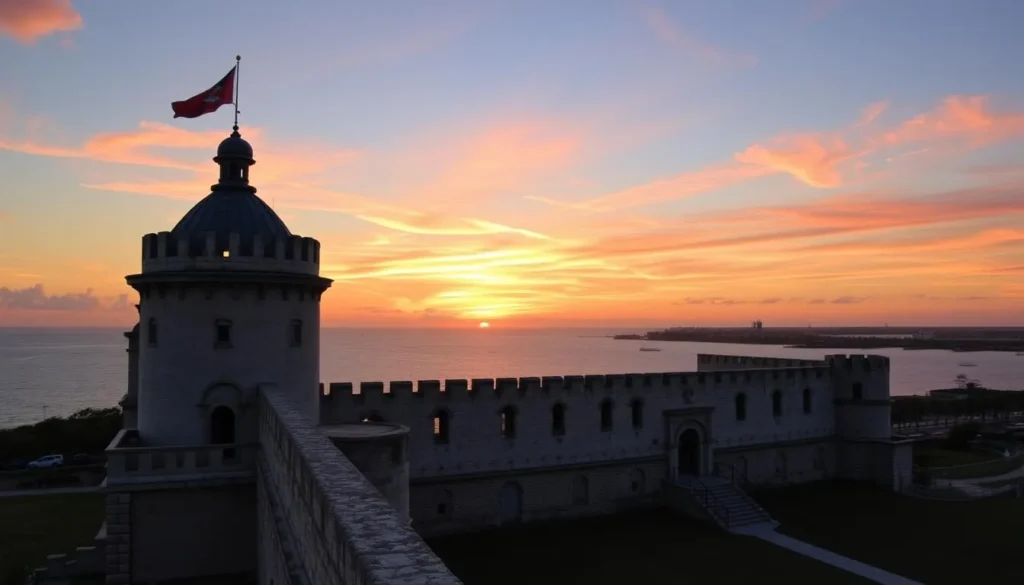 Generate an image of Castillo de San Marcos at sunset, with the Matanzas Bay in the background. Generate an image of Castillo de San Marcos at sunset, with the Matanzas Bay in the background.
