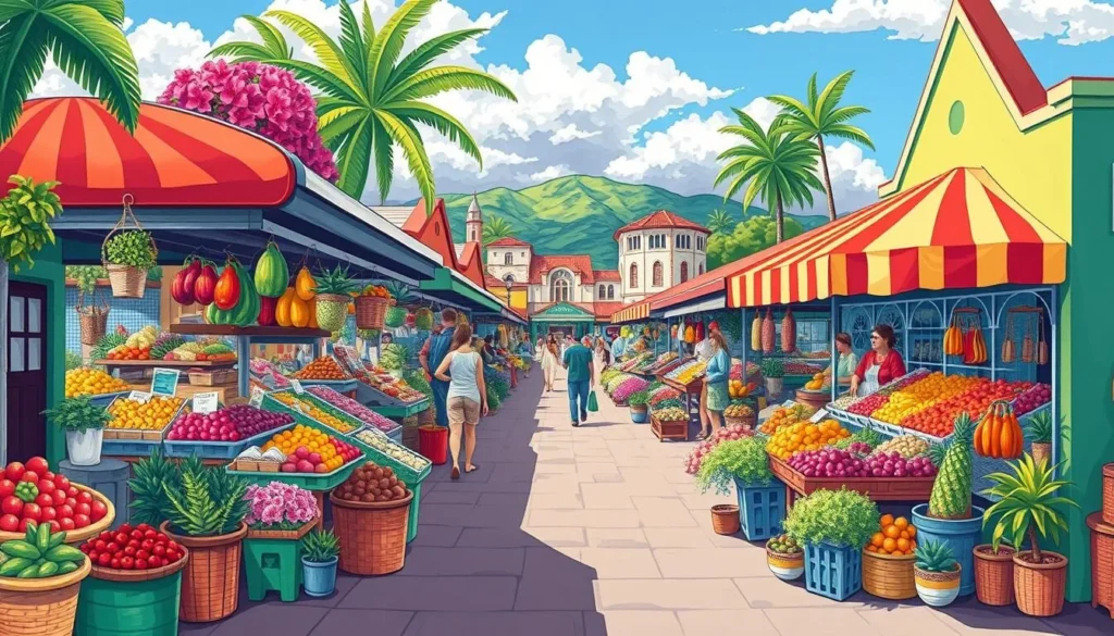 Generate an image of Castries Market with vibrant stalls and fresh produce.