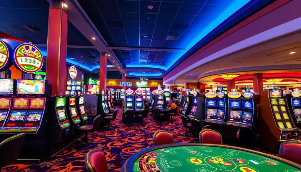 Generate an image of Catfish Bend Casino's gaming floor with various slot machines and table games.