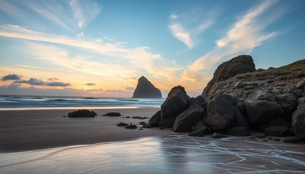 Generate an image of Cattlewash Beach with the 'Sleeping Giant' rock formation.