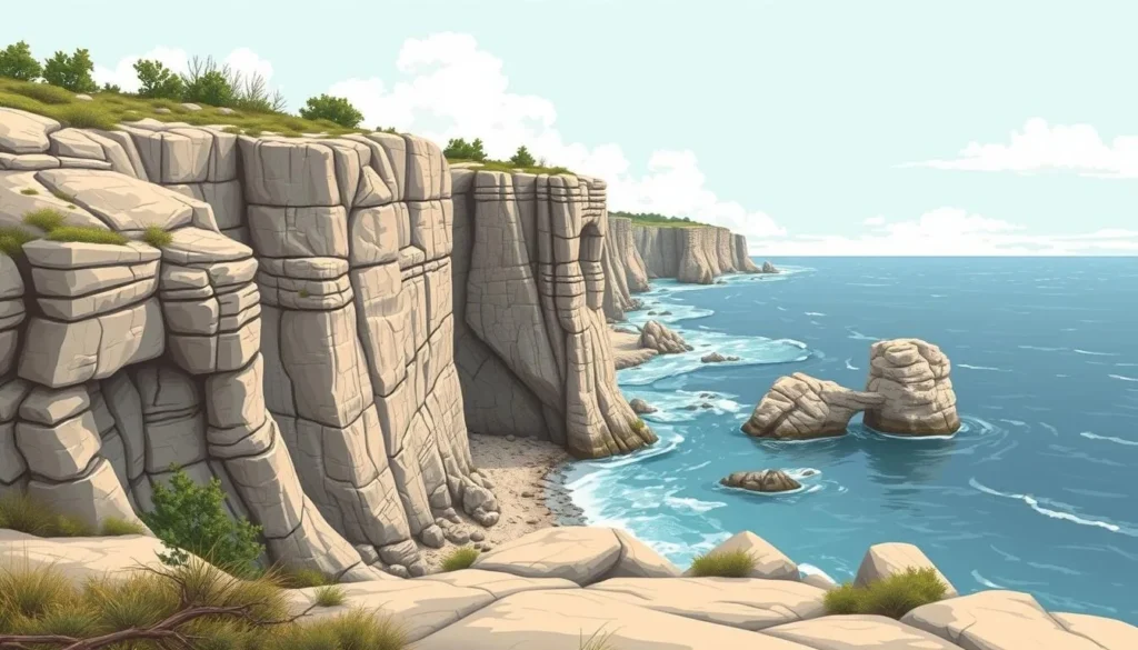Generate an image of Cave Point County Park's rugged limestone cliffs along the Lake Michigan shoreline.