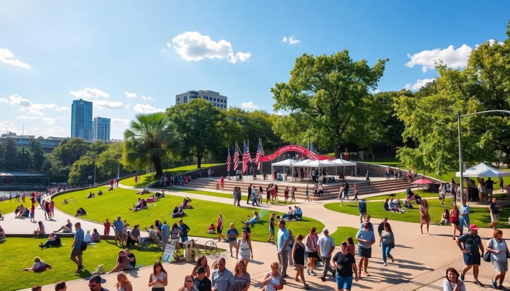 Generate an image of Centennial Olympic Park during a sunny day with people enjoying the scenery and events.