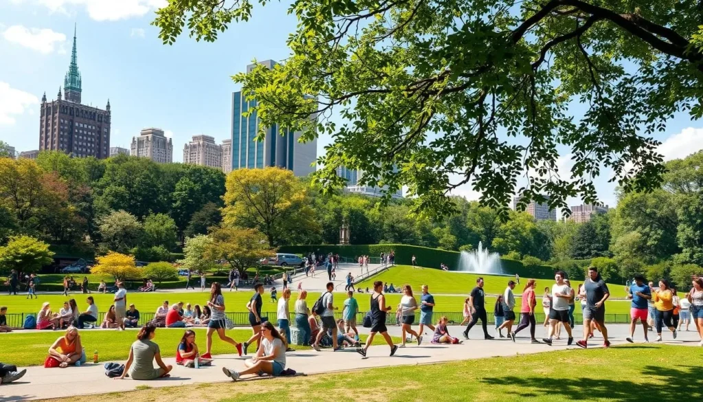 Generate an image of Central Park with the Center for the Performing Arts in the background, surrounded by people enjoying outdoor activities.
