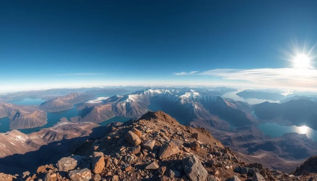 Generate an image of Cerro Campanario's summit with a 360-degree panoramic view of the Andean mountains and lakes.