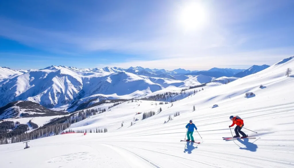 Generate an image of Cerro Catedral ski resort with skiers on the slopes.