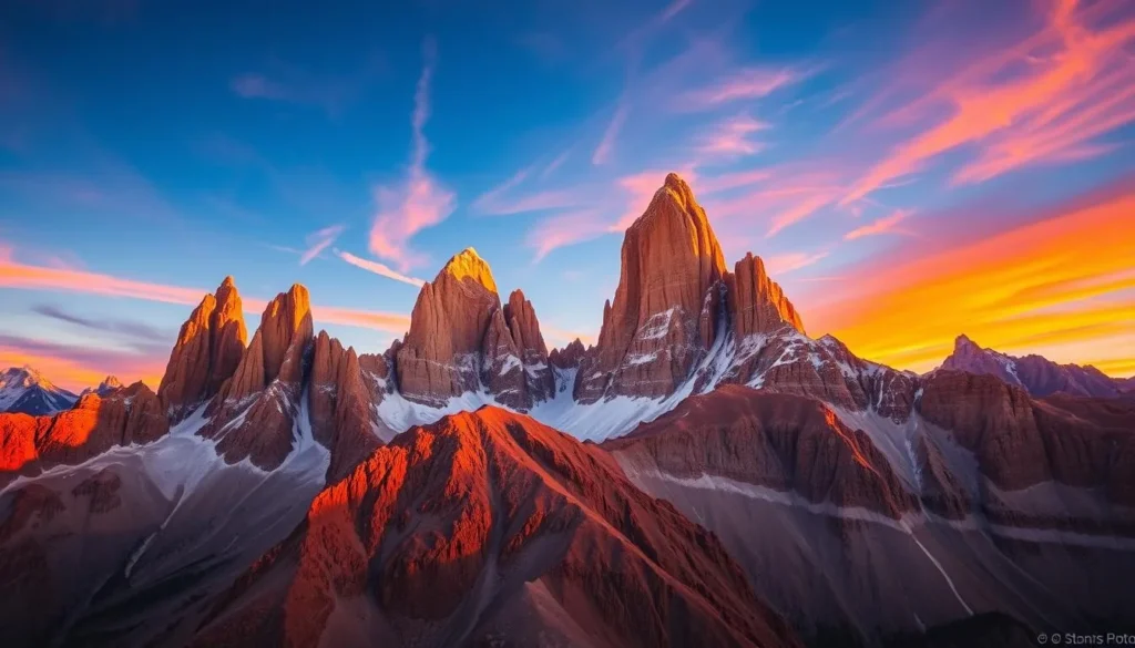 Generate an image of Cerro Catedral's granite spires during sunrise or sunset, with golden light bathing the peaks.
