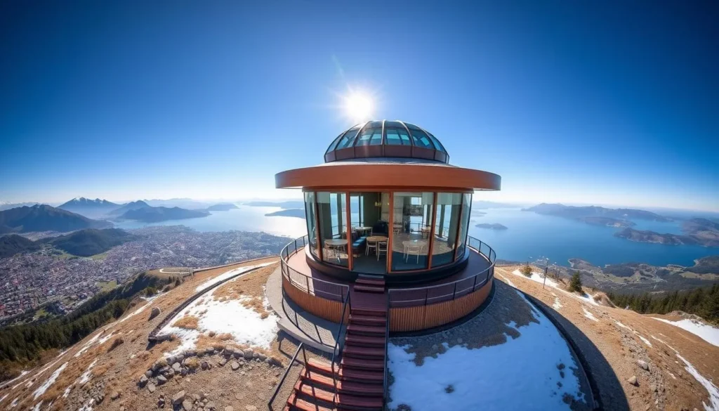 Generate an image of Cerro Otto's summit with a revolving restaurant offering 360-degree views of Bariloche and Nahuel Huapi Lake.