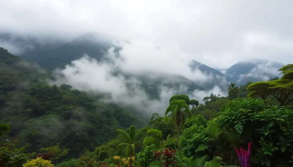 Generate an image of Cerro Verde National Park's cloud forest with misty mountains and lush vegetation.