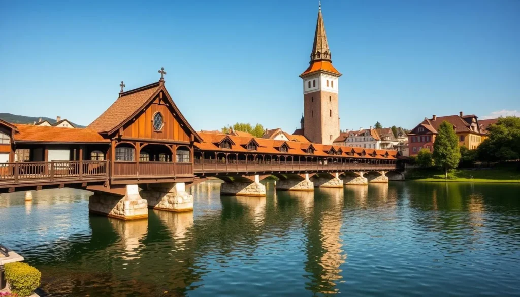 Generate an image of Chapel Bridge in Lucerne, Switzerland, with the Water Tower in the background.