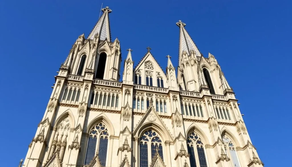 Generate an image of Chartres Cathedral's facade with its iconic spires and intricate stone carvings.