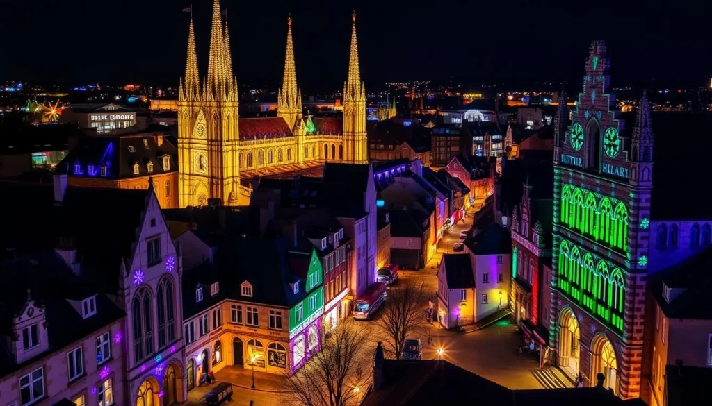 Generate an image of Chartres cityscape at night with vibrant light displays