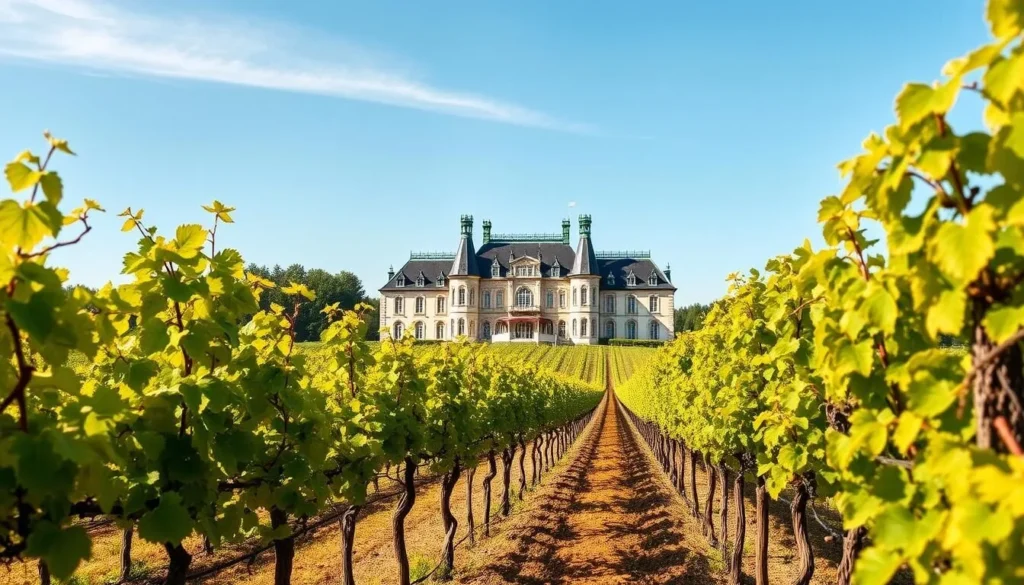 Generate an image of Chateau Changyu Moser XV's picturesque vineyard with a European-style chateau in the background.