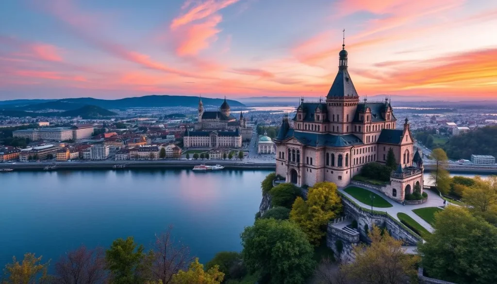 Generate an image of Château Gütsch in Lucerne, Switzerland, with a panoramic view of the city and Lake Lucerne.