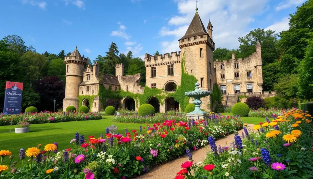 Generate an image of Chateau Schlossberg in Forbach, France, with its castle ruins and beautiful park.