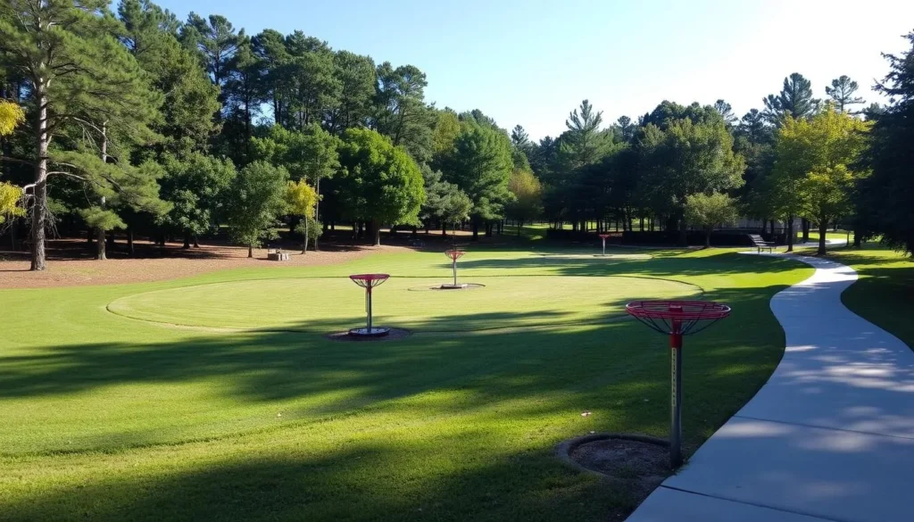 Generate an image of Cherry Park in Rock Hill, SC, featuring a disc golf course.
