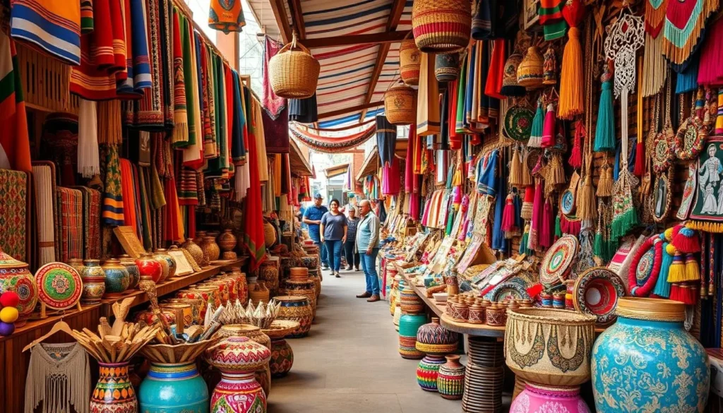 Generate an image of Chichicastenango's vibrant market scene, with colorful textiles and handicrafts on display.
