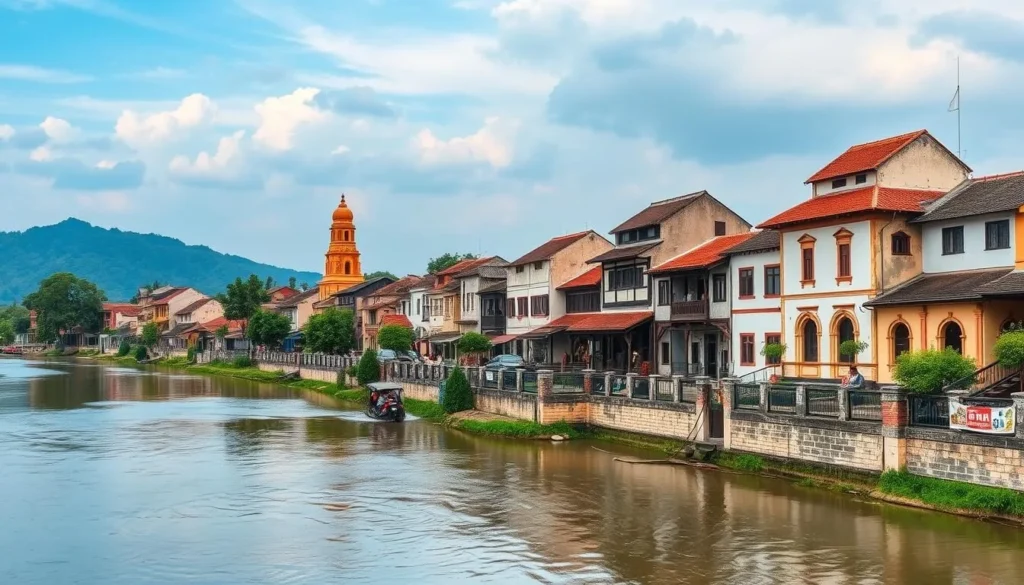 Generate an image of Chikan Old Town with its historic buildings along the Tan River.