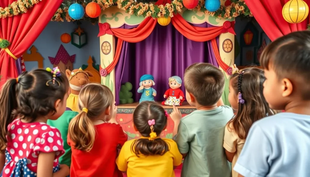 Generate an image of Children's Fairyland's Storybook Puppet Theater with children watching a puppet show.
