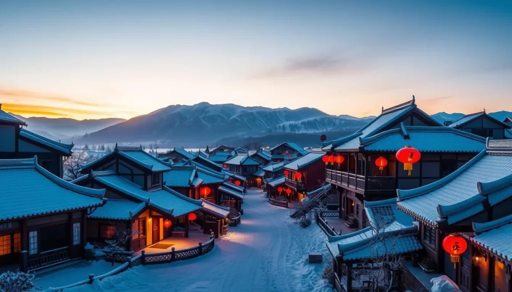 Generate an image of China Snow Town during sunset with snow-covered houses and red lanterns. Generate an image of China Snow Town during sunset with snow-covered houses and red lanterns.